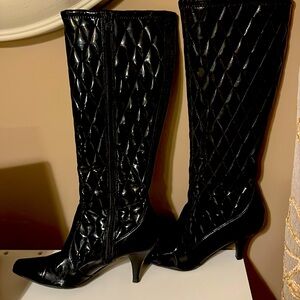 Black ladies Franco Sarto man made faux leather boots. Stylish kitten heel